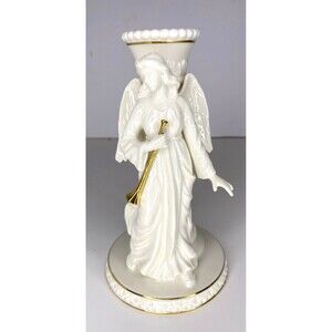 VTG Lenox Angel w Gold Horn Candlestick Holder White Porcelain Gold Accents 7 in